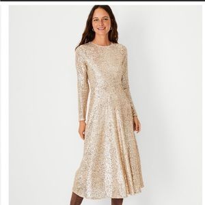 Ann Taylor Gold Sequin Long-Sleeve Midi Dress